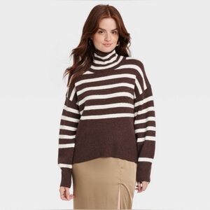 A New Day Women's Mock Turtleneck Pullover Sweater - Brown Striped